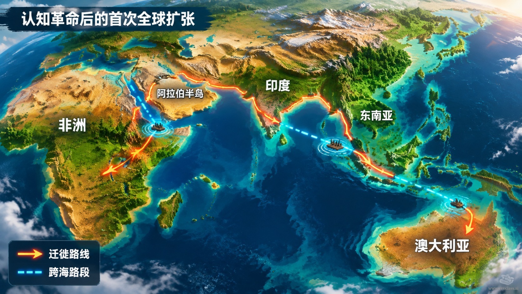 世界地图标注从非洲到澳大利亚的迁徙路线,突出跨海路段